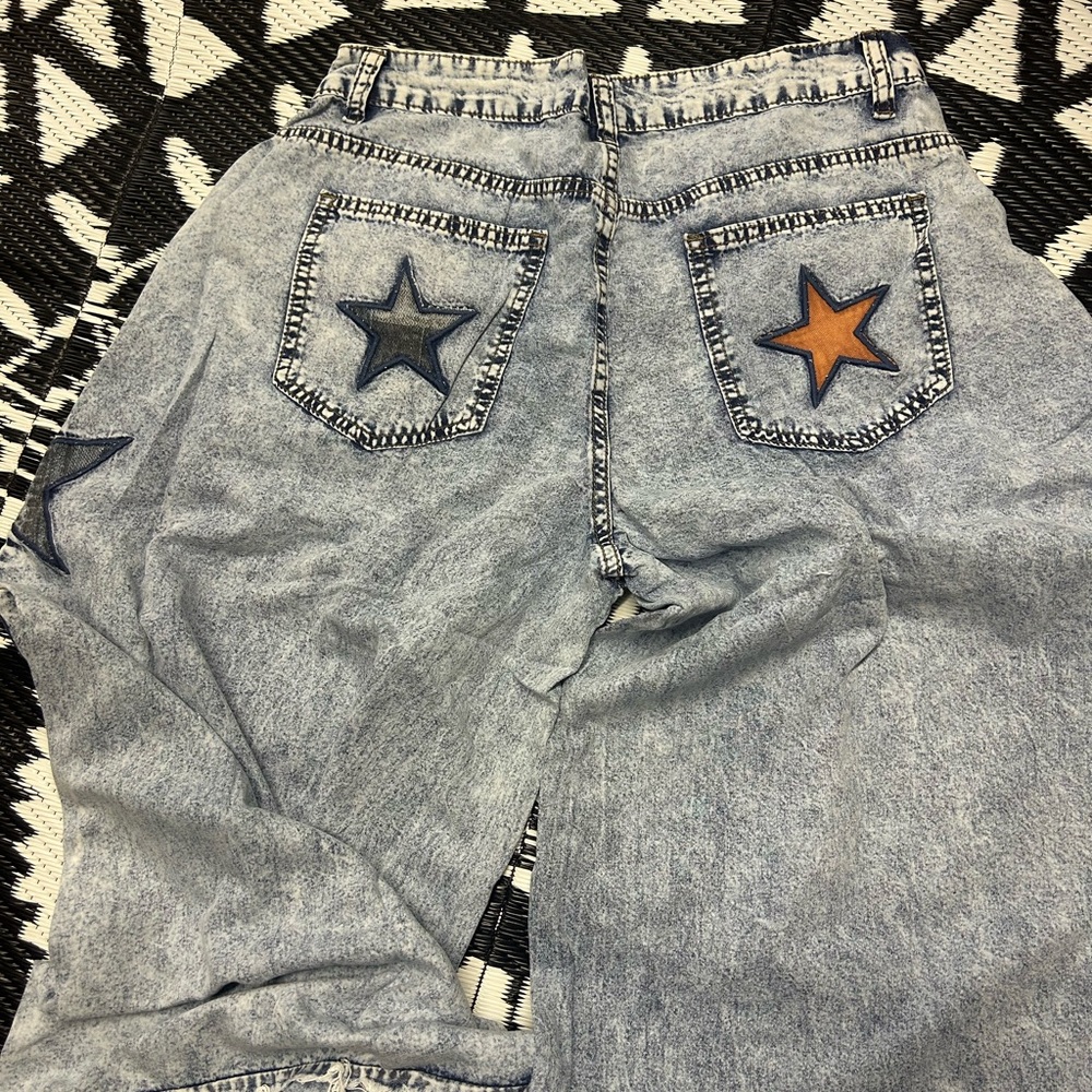 NWOT Bohemela Acid Wash Wide Leg Pants With Star Patch Details Size L - Picture 9 of 15